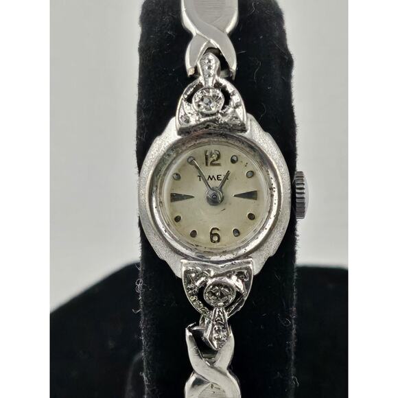Ladies Vintage Diamond Timex Rhodium Plated Manual Wind Cocktail Watch main image 11